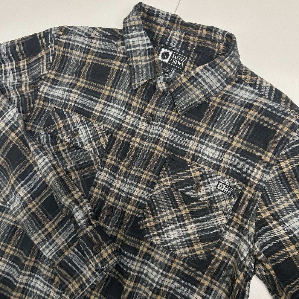 Salty Crew Mens Large Long Sleeve Flannel Plaid Button Up Shirt Black Tan Plaid
